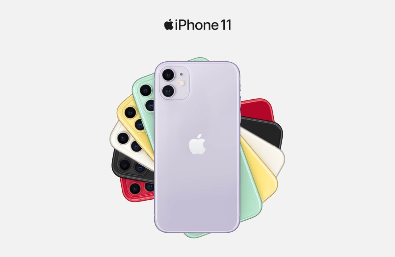 a spiral of 6 iPhone 11s in purple, green, yellow, white, black and red.